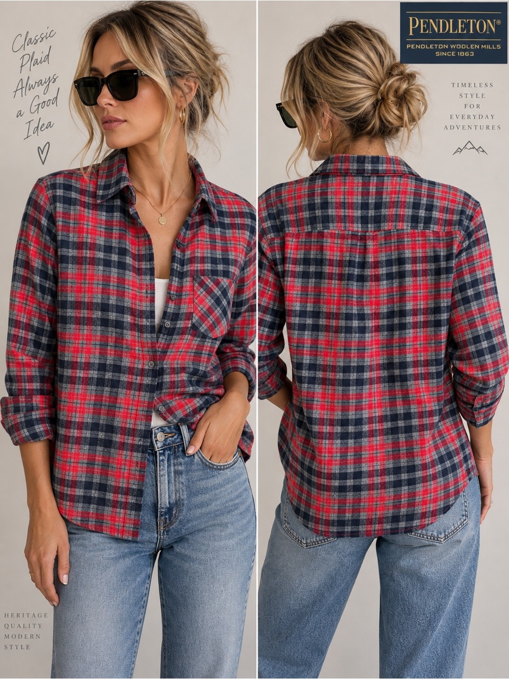 Pendleton Plaid Flannel Button Down Shirt Red Gray Navy Women’s L